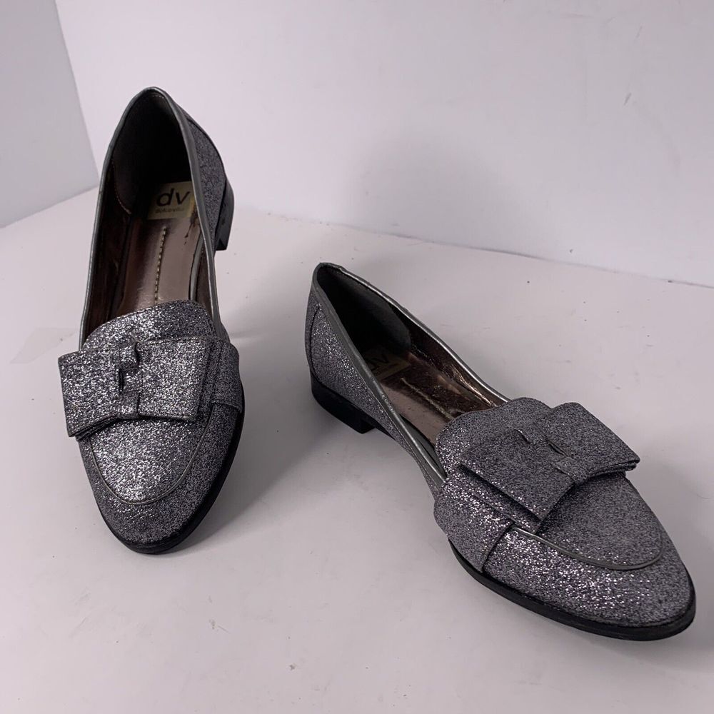 Dolce Vita Womens Size 9 1/2 M Loafer Shoe Silver Glitter With Bow Tie Slip‎ On